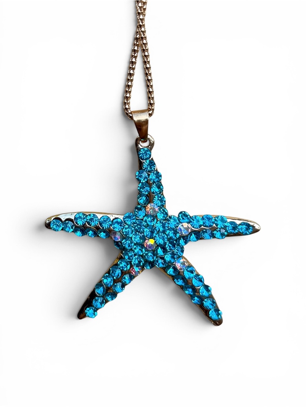Betsey Johnson Starfish Pendant Necklace Turquoise Aqua Crystal Gold 28”